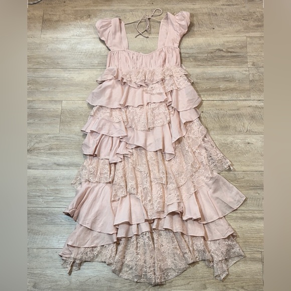 Anthropologie Square Neck Cap Sleeves Ruffle Lace Midi Dress Size Medium - Picture 5 of 10